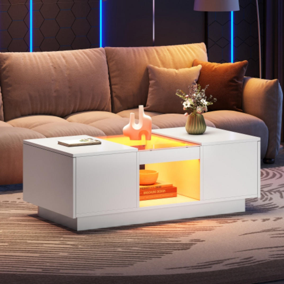 COUCHTISCH 100/50/35,5 cm weiß mit Glasverkleidung LED-Beleuchtung App-Steuerung 2 Schubladen - Weiß, Holzwerkstoff (100/50/35.5cm) - OKWISH
