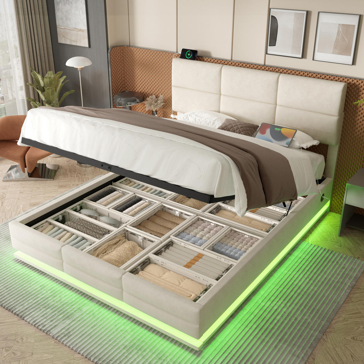 BETT mit Stauraum 140x200 cm Samt Beige - Beige, Metall (140/200cm) - Meubliv