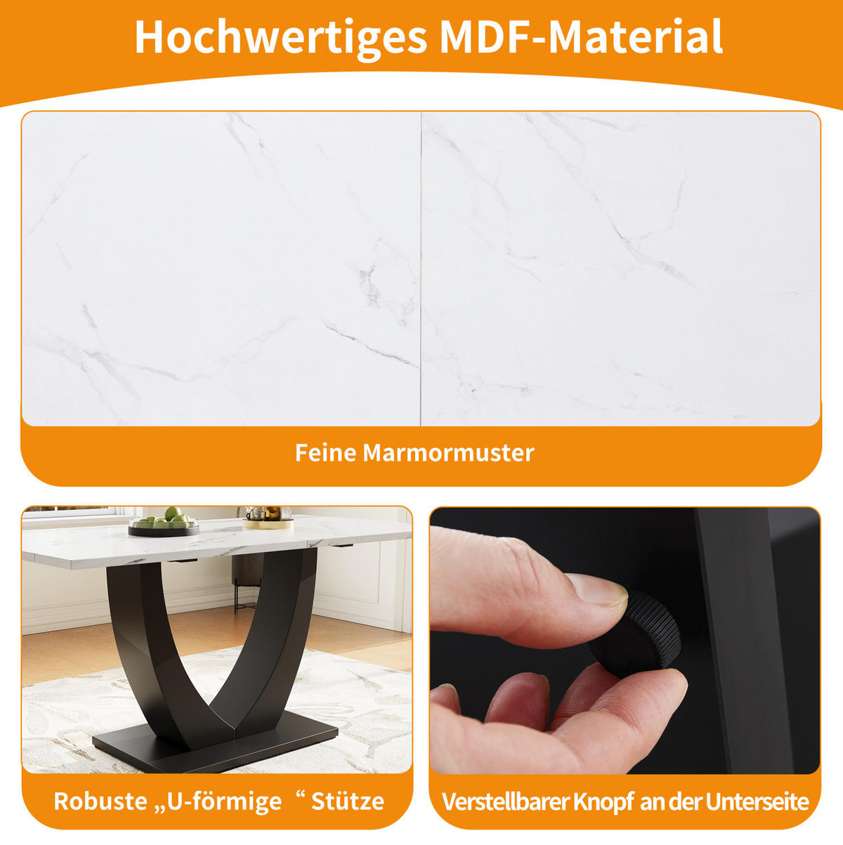 ESSTISCH 140/75,5/75 cm Weiß/Schwarz aus MDF und Metall mit verstellbaren Füßen - Weiß, Holzwerkstoff (140/75/75.5cm) - OKMYHOME