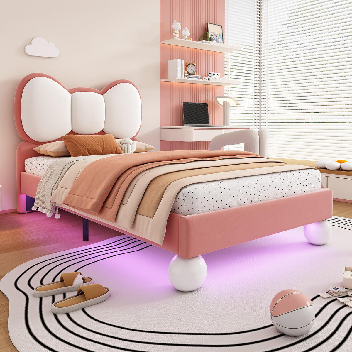 KINDERBETT 90/200 cm rosa aus Samt mit LED-Lichtleiste - Rosa, Textil (90/200cm) - OKWISH