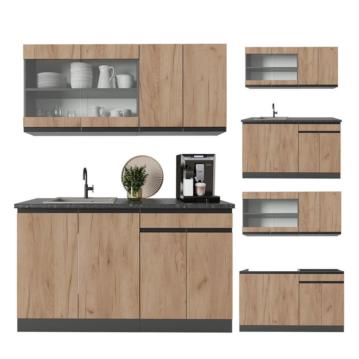 SINGLEKÜCHE R-Line Goldkraft Eiche/Anthrazit 140 cm J-Shape - Honigeiche/Anthrazit, Holzwerkstoff (140/81.6/46cm) - Vicco