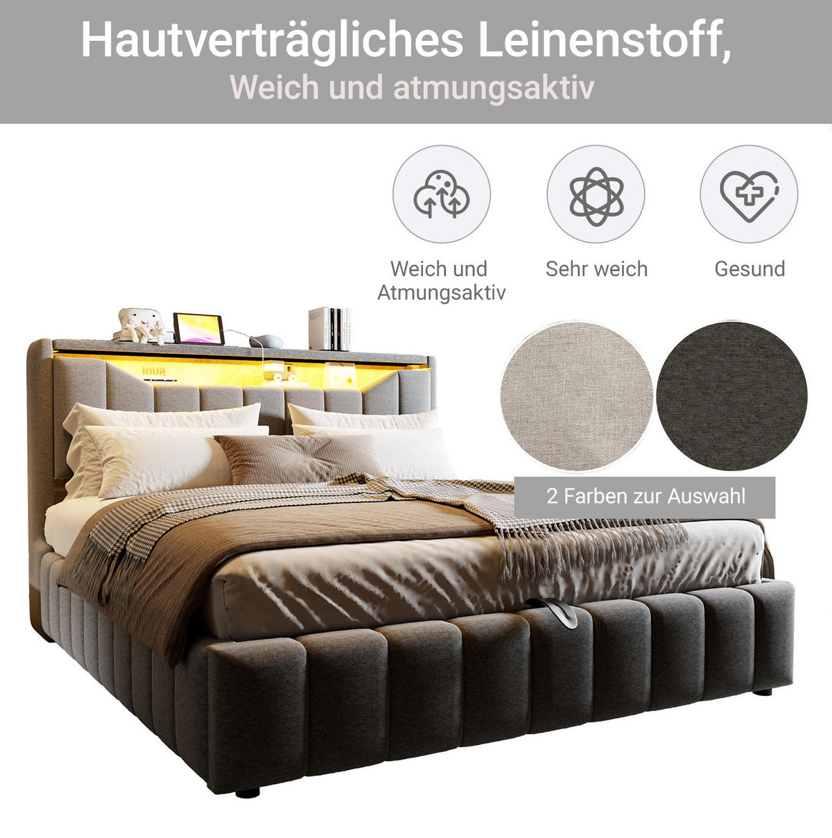 POLSTERBETT 180x200 cm in Grau mit Bettkasten, LED und USB-/USB-C-Anschlüssen - Grau, Textil (180/200cm) - IVMEU