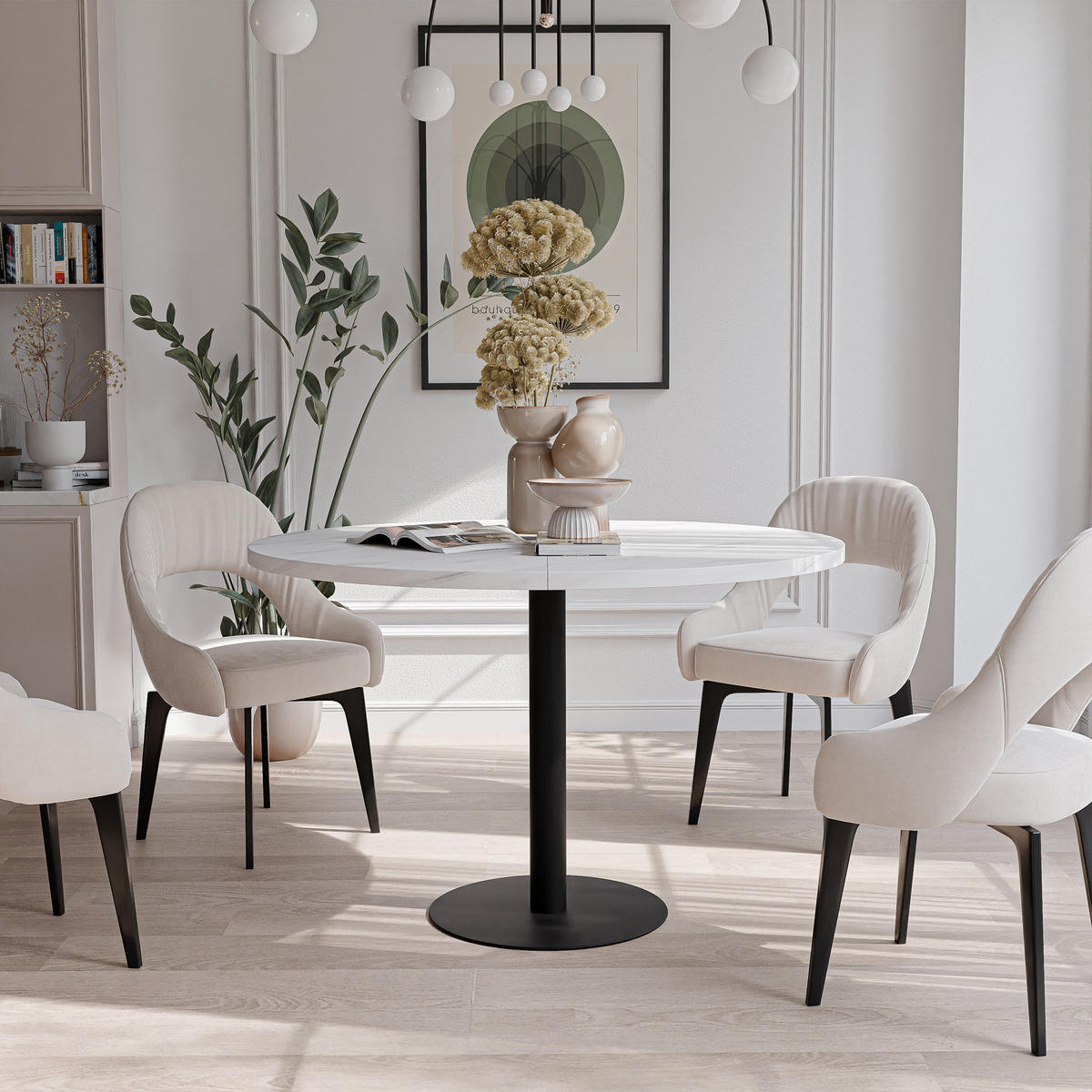 TISCH einbeinig schwarzes Bein, MDF Tischplatte, Marmor Bianco - Schwarz/Weiß, Holzwerkstoff (100/100/76cm) - Idohome
