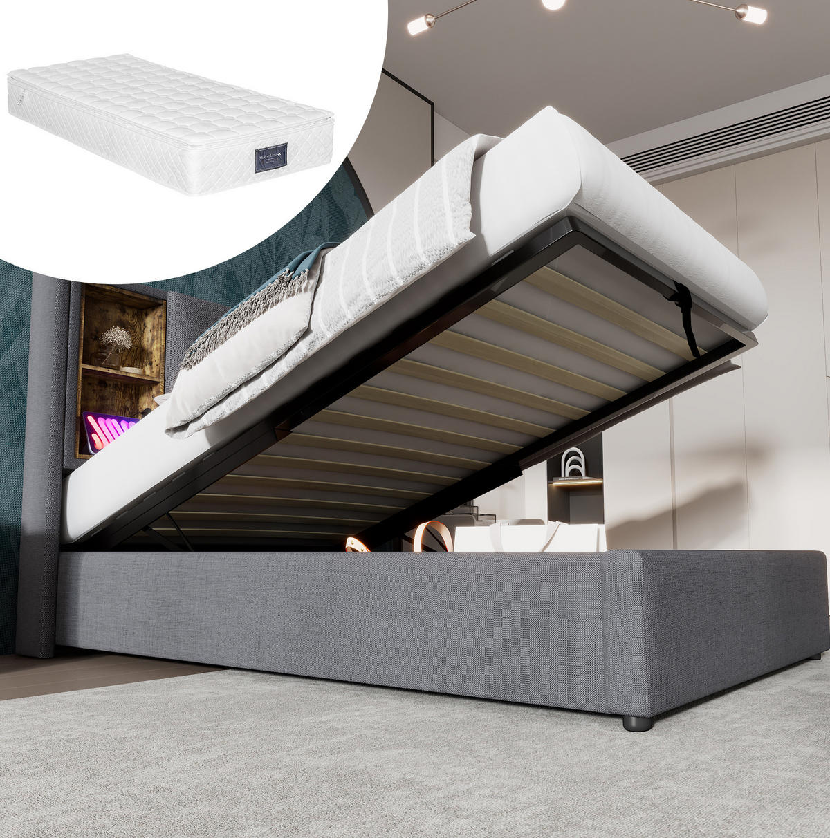 POLSTERBETT aus Baumwolle 90x200 cm Grau mit Bettkasten, Matratze, kabellosem Laden und USB-C - Grau, Textil (90/200cm) - IVMEU