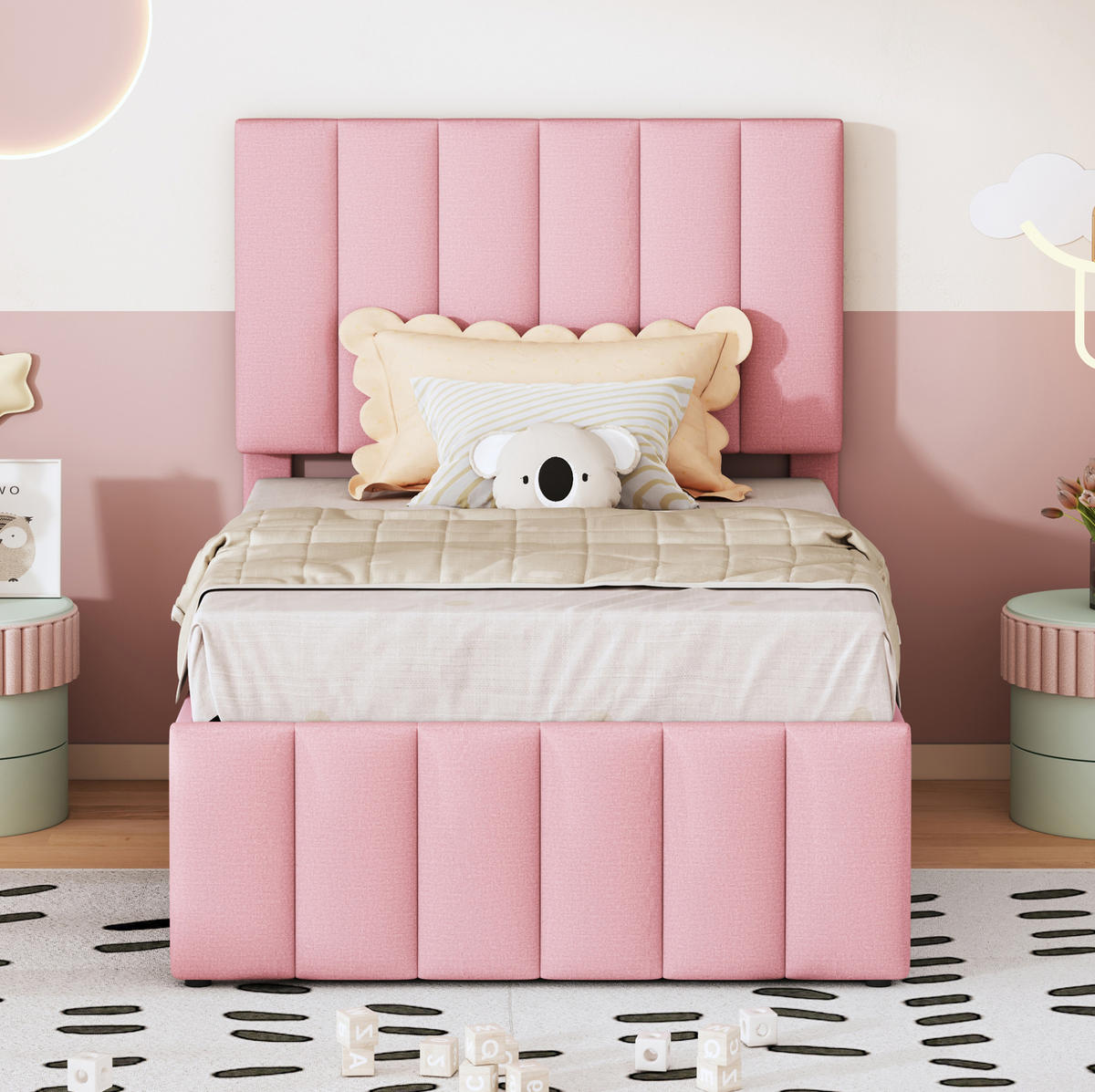 POLSTERBETT 90/200 cm aus Leinen mit Rollbett und 3 Schubladen Rosa - Pink, Textil (90/200cm) - Modenvie