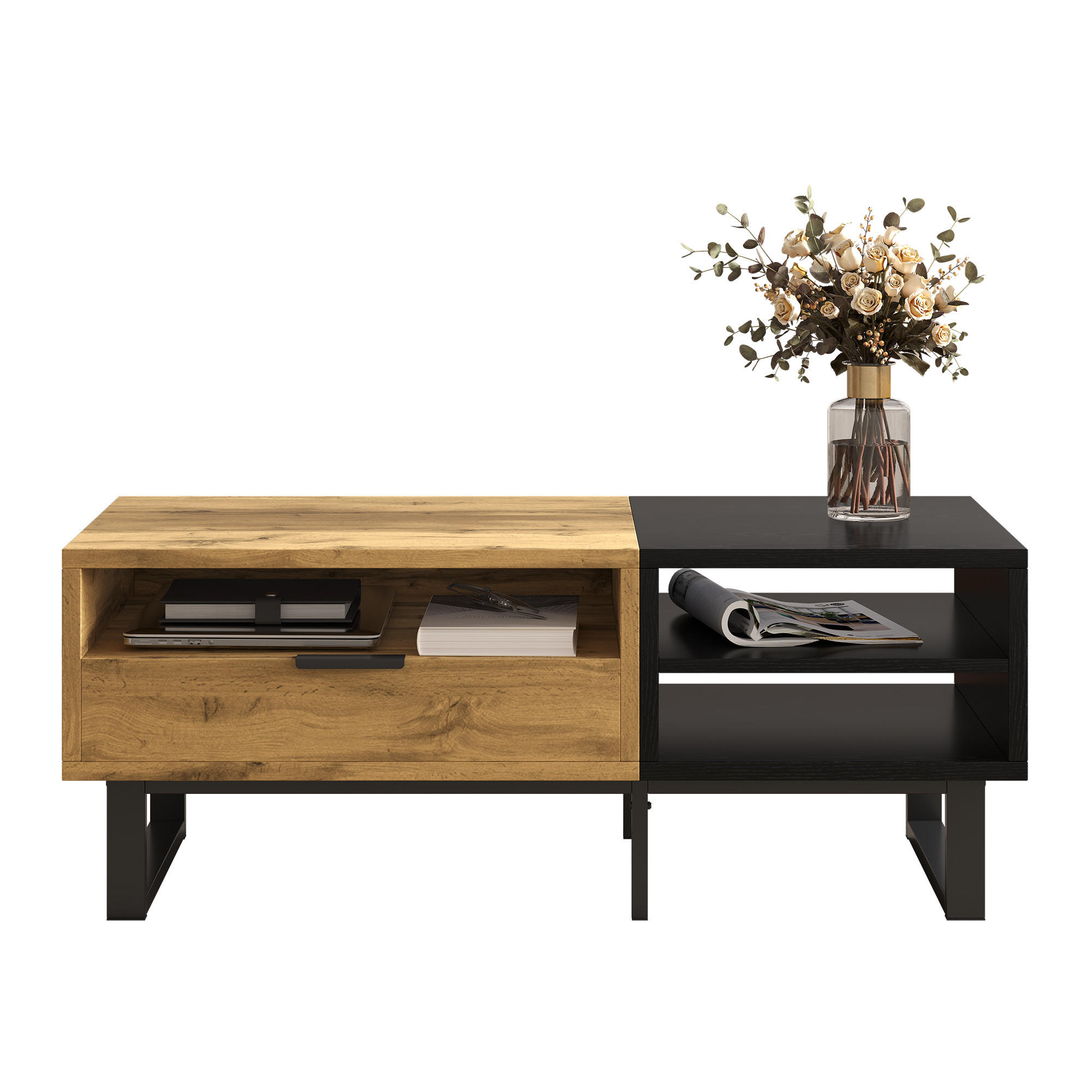 COUCHTISCH Farbblock Schubladen Metallbeine - Naturfarben, Holzwerkstoff (50/100/40cm) - LEBENLANG