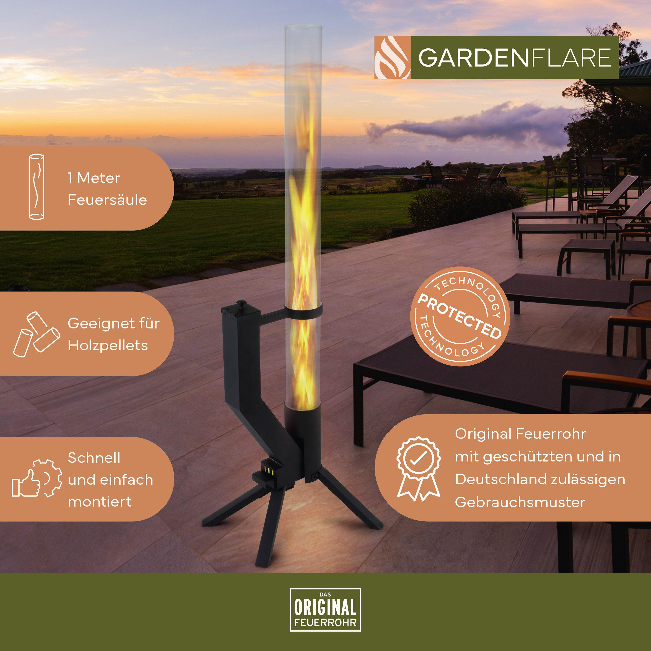FEUERROHR – elegante Edelstahl Feuersäule und Pelletfackel - schwarz - Schwarz, Metall (36/130.6/35cm) - Gardenflare