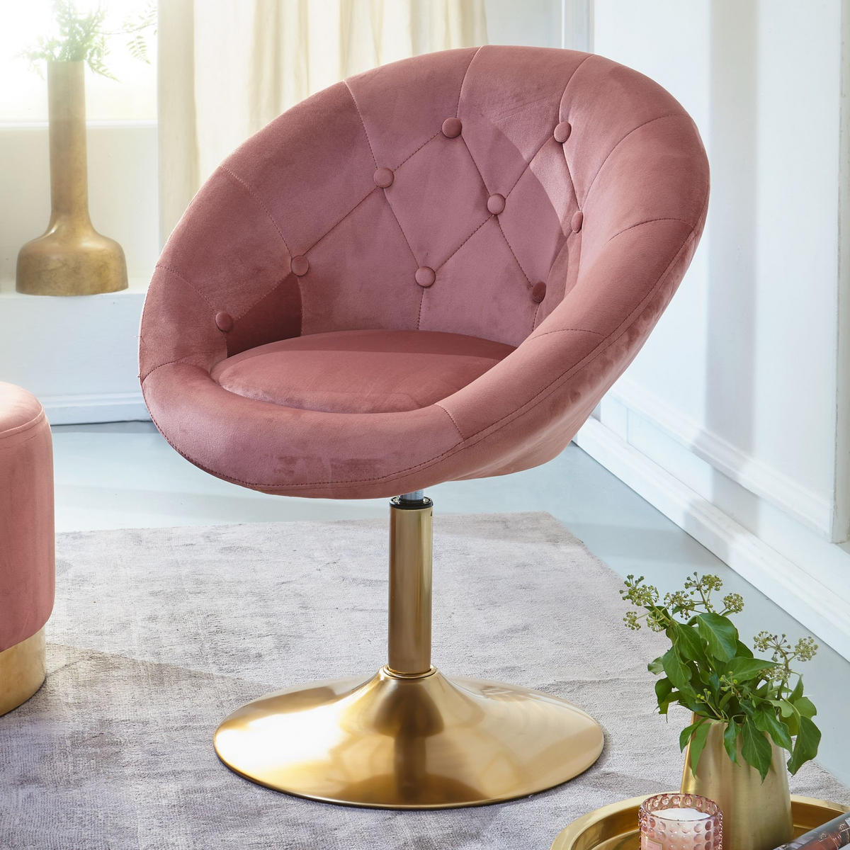 LOUNGESESSEL Chesterfield-Stil mit Samtbezug und 360° Drehfunktion, Rosa 67x62x100 cm - Pink/Goldfarben, Textil/Metall (67/100/62cm) - KADIMA DESIGN