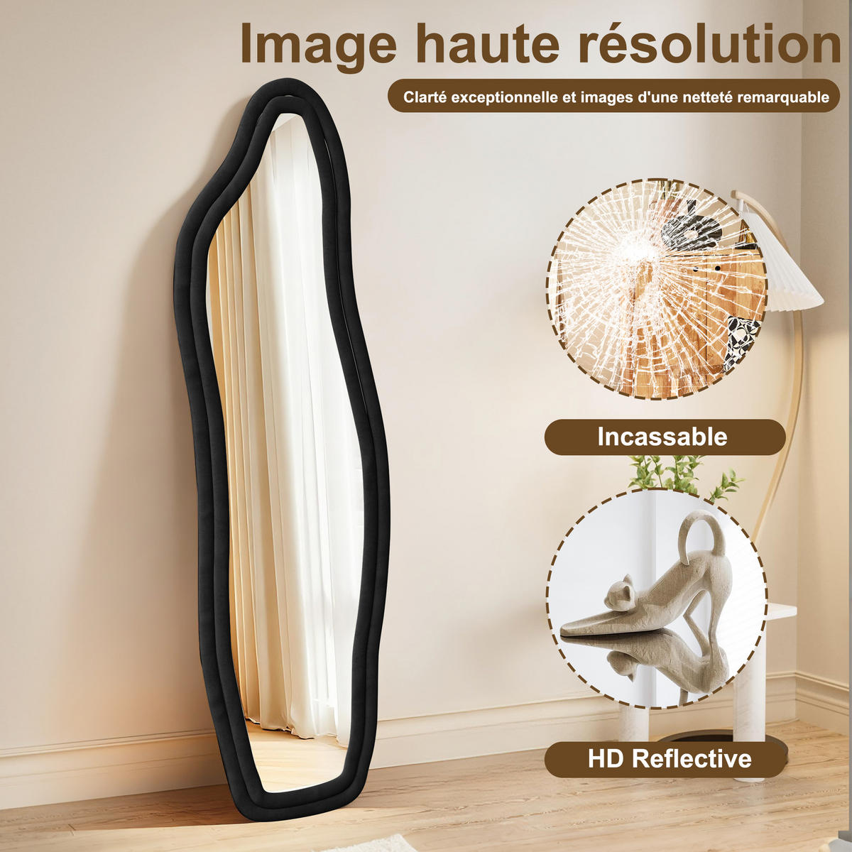 STANDSPIEGEL 45 x 140 cm, Wellenmuster, mit Wellenfuß, schwarz - Schwarz, Metall (45/140/3cm)