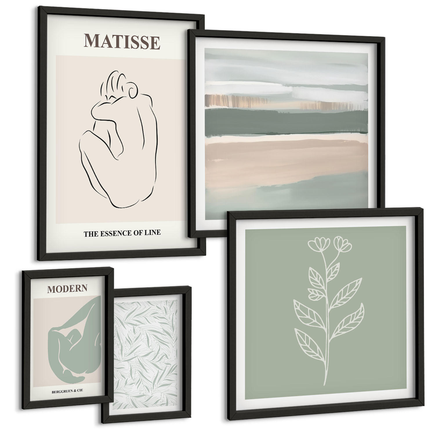 BILDER SET 5er Set - 50x50 cm & 20x30 cm & 40x60 cm Schwarzer Rahmen - Abstrakte Pflanzenformen - Schwarz, Kunststoff (40/60cm) - TULUP