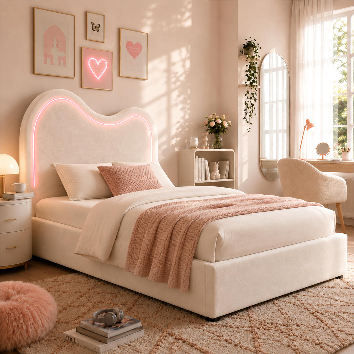 POLSTERBETT 90/200 mit Bettkasten, LED und Lattenrost in Beige - Beige, Holzwerkstoff/Textil (90/200cm) - EVRYAE