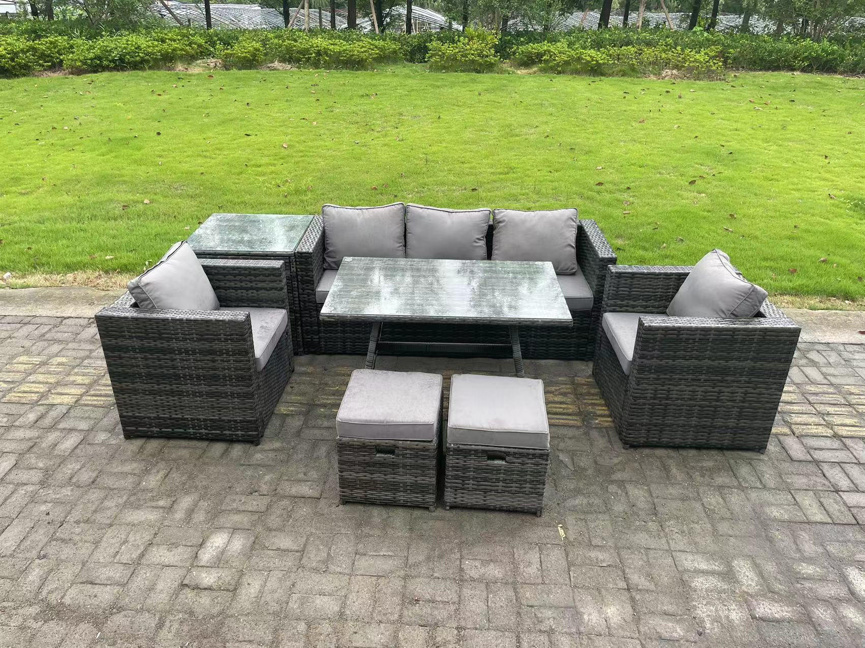 GARTENMÖBELSET mit Esstisch,Beistelltisch 7-Sitzer Grau - Dunkelgrau/Grau, Glas/Kunststoff - Fimous