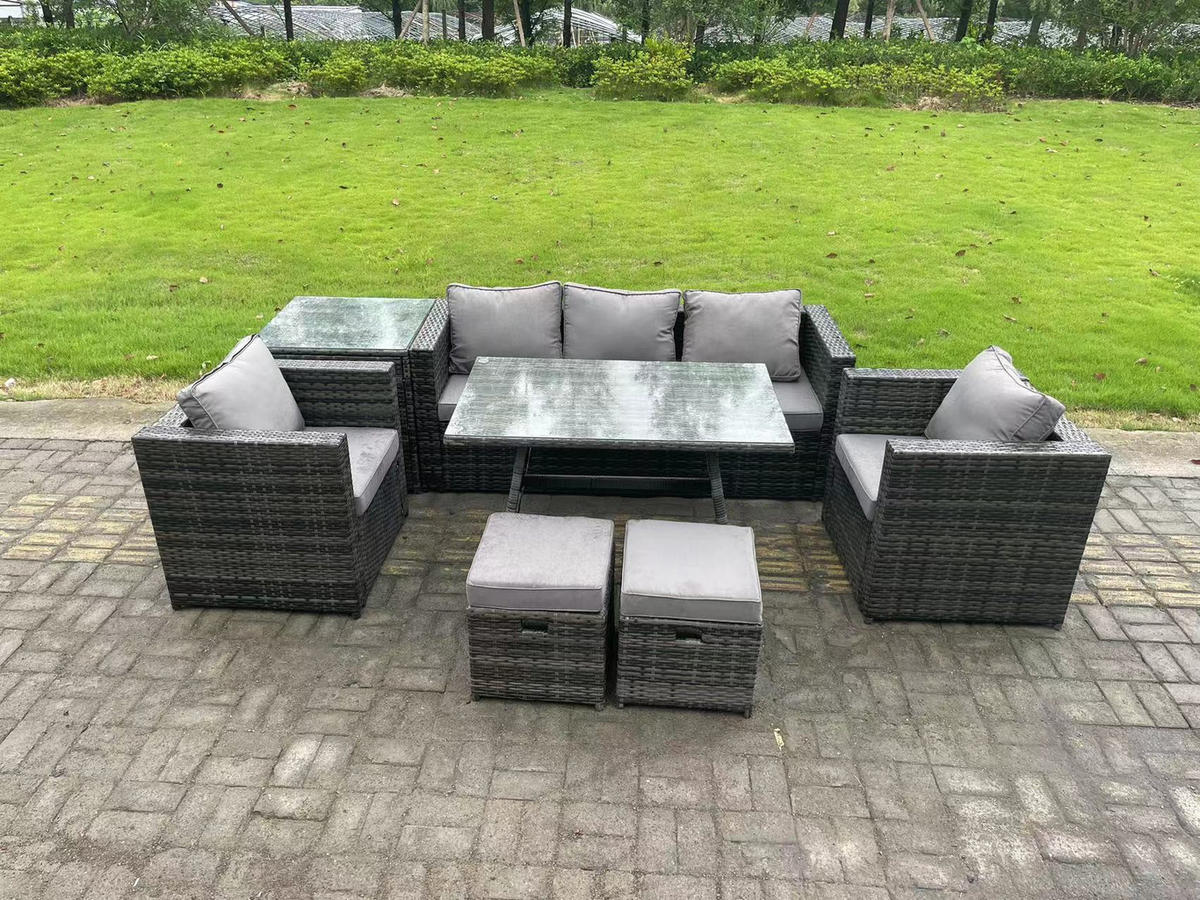 GARTENMÖBELSET mit Esstisch,Beistelltisch 7-Sitzer Grau - Dunkelgrau/Grau, Glas/Kunststoff - Fimous