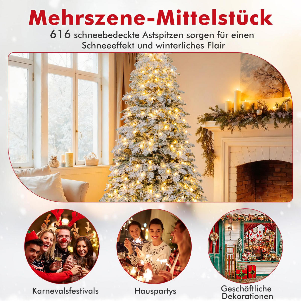 WEIHNACHTSBAUM mit 130 funkelnden Kugeln und Schnee 180 cm weiß - Weiß, Metall (180cm) - COSTWAY