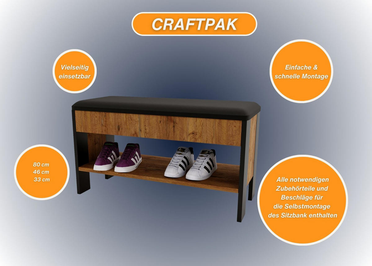 GARDEROBENBANK Nussbaumfarben 46/80/33cm - Nussbaumfarben/Schwarz, Holzwerkstoff (33/46/80cm) - CraftPAK