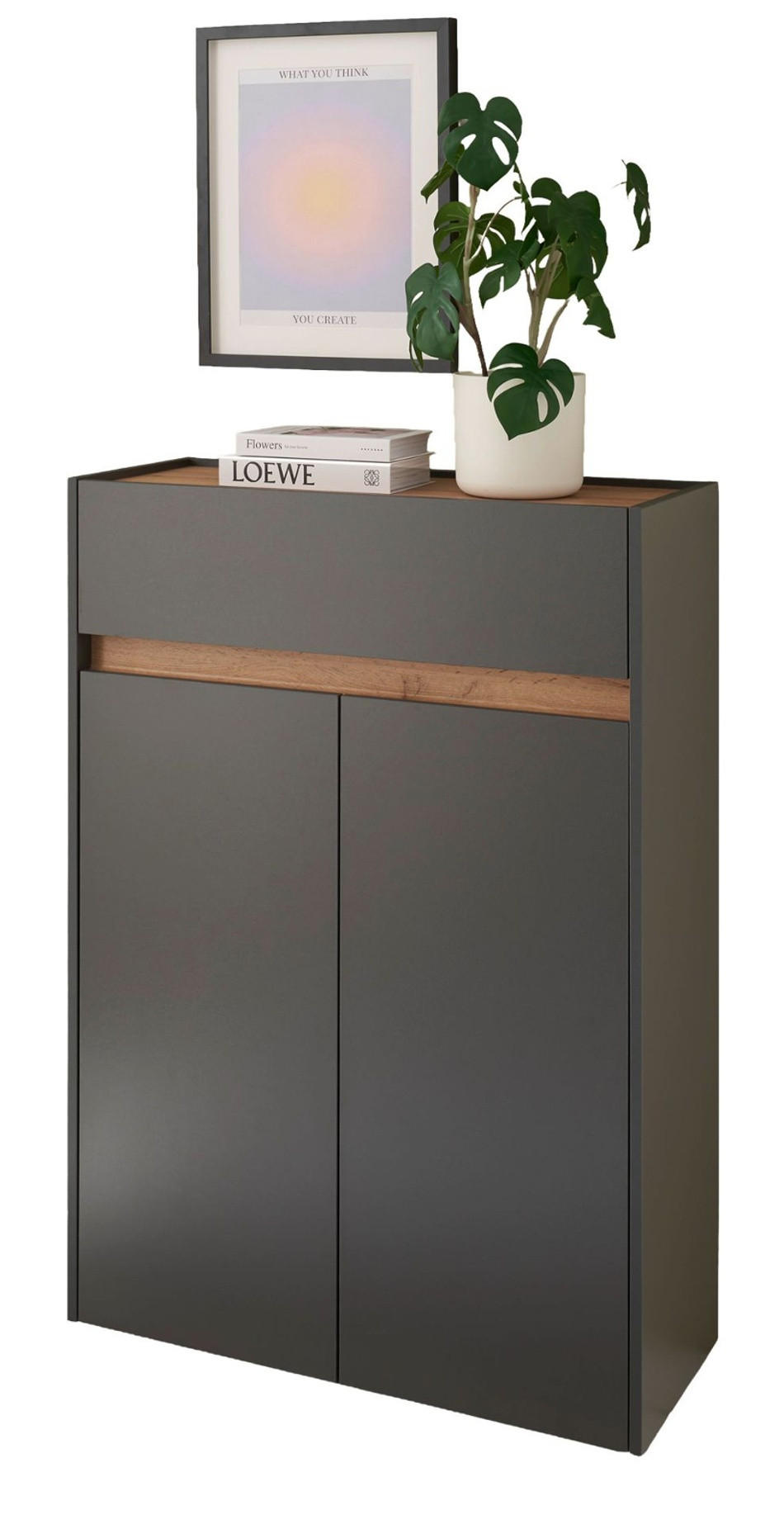 SCHUHSCHRANK grau matt, Eiche Wotan, Flurkommode 85 x 122 cm - Eiche Wotan/Schwarz, Holzwerkstoff/Kunststoff (85/122/122cm) - Furn.Design