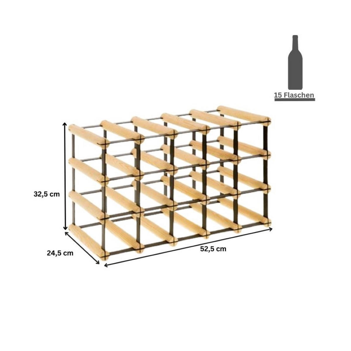 WEINREGAL Vinotega Mod Metal 32,5x52,5x24,5 cm 5x3 Flaschen Massives Kiefernholz Braun Geölt - Braun, Holz (52.5/32.5/24.5cm) - PROREGAL