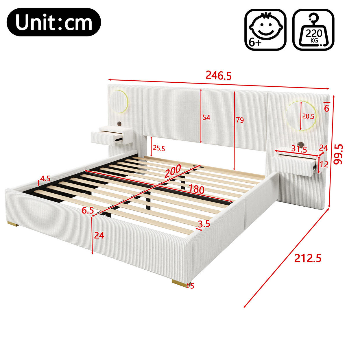 POLSTERBETT 180/200 cm in Beige aus Samt mit LED-Beleuchtung und USB-Anschlüssen - Beige, Textil (180/200cm) - Flora Grace