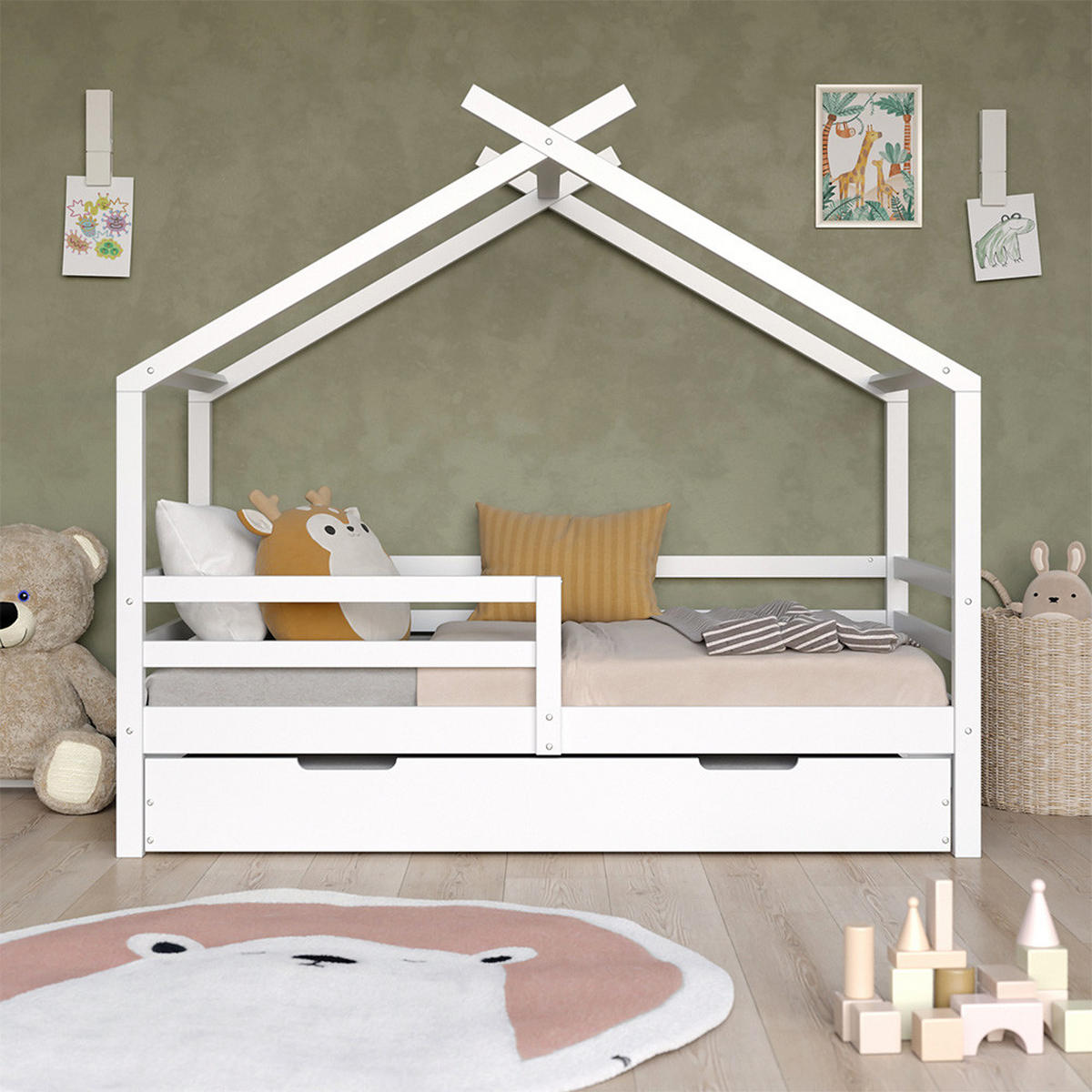 HAUSBETT Luni Weiß 160 x 80 cm mit ausziehbarem Gästebett und Matratzen - Weiß, Holz - VitaliSpa