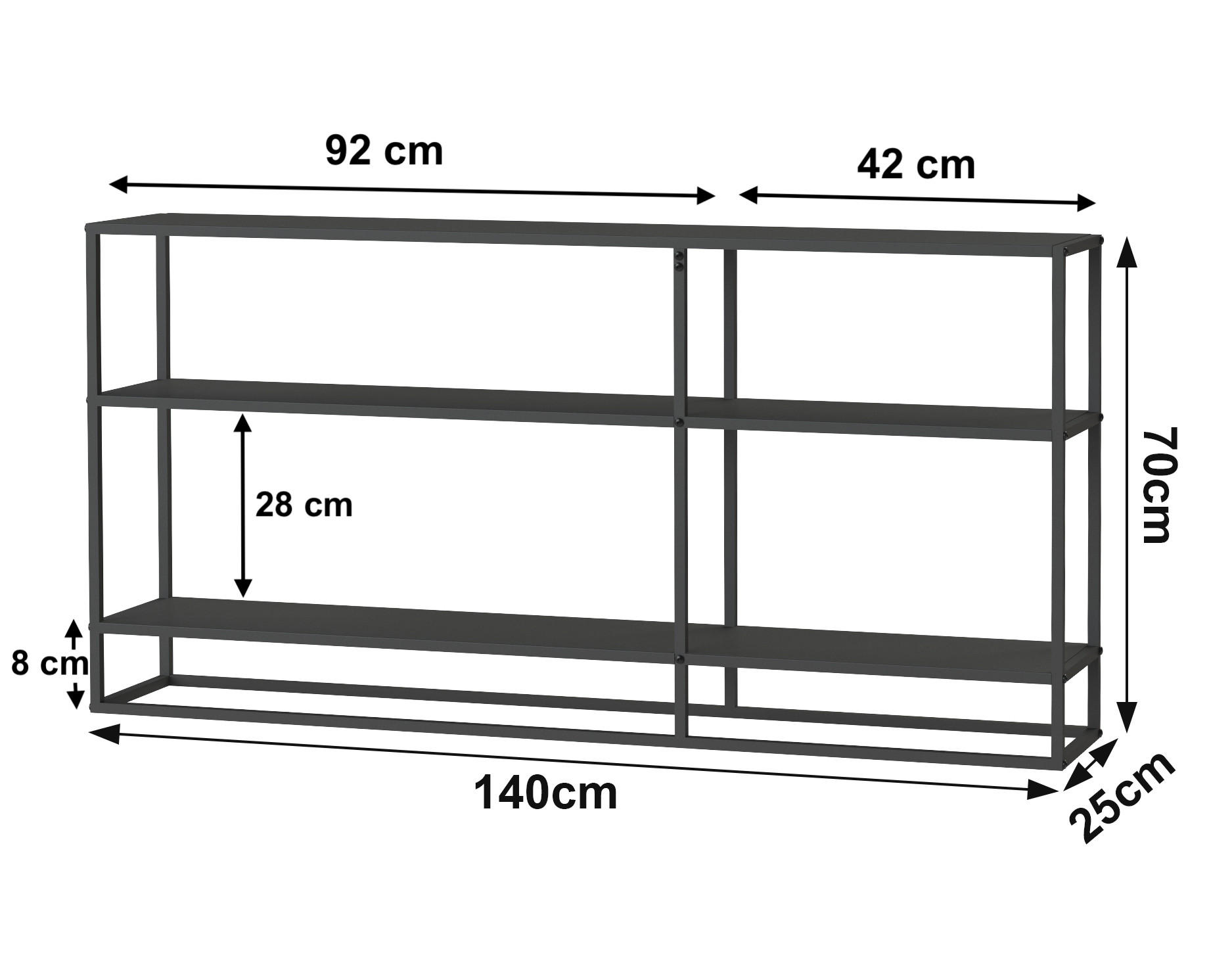KONSOLENTISCH Metall Schwarz mit 3 Ebenen 140 x 70 x 25 cm - Schwarz, Metall (140/70/25cm) - DanDiBo