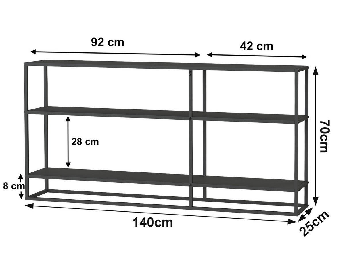 KONSOLENTISCH Metall Schwarz mit 3 Ebenen 140 x 70 x 25 cm - Schwarz, Metall (140/70/25cm) - DanDiBo