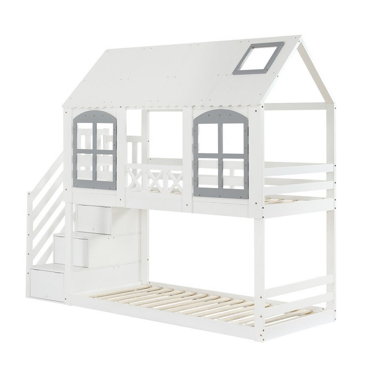 HAUSBETT 90x200cm in Weiß mit 3 Schließfächer - Weiß, Holz (90/200cm) - KOMHTOM