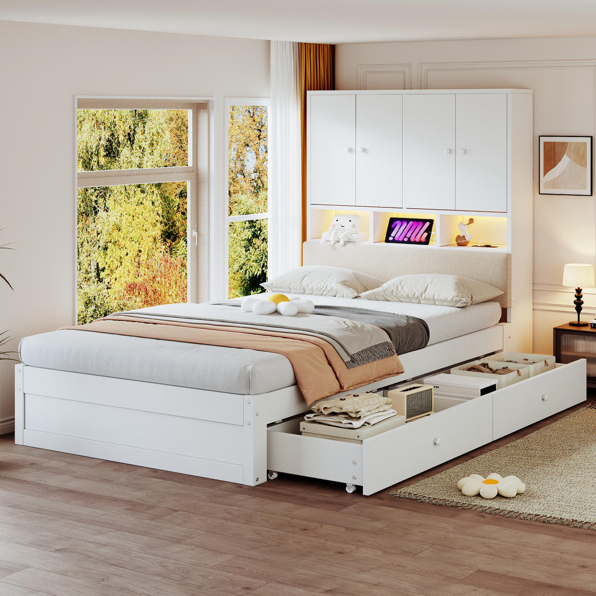 STAURAUMBETT 90/200 cm mit Stauraum, LED und 2 Schubladen, DE-41627, in Weiß - Weiß, Holzwerkstoff (90/200cm) - ComfortXL
