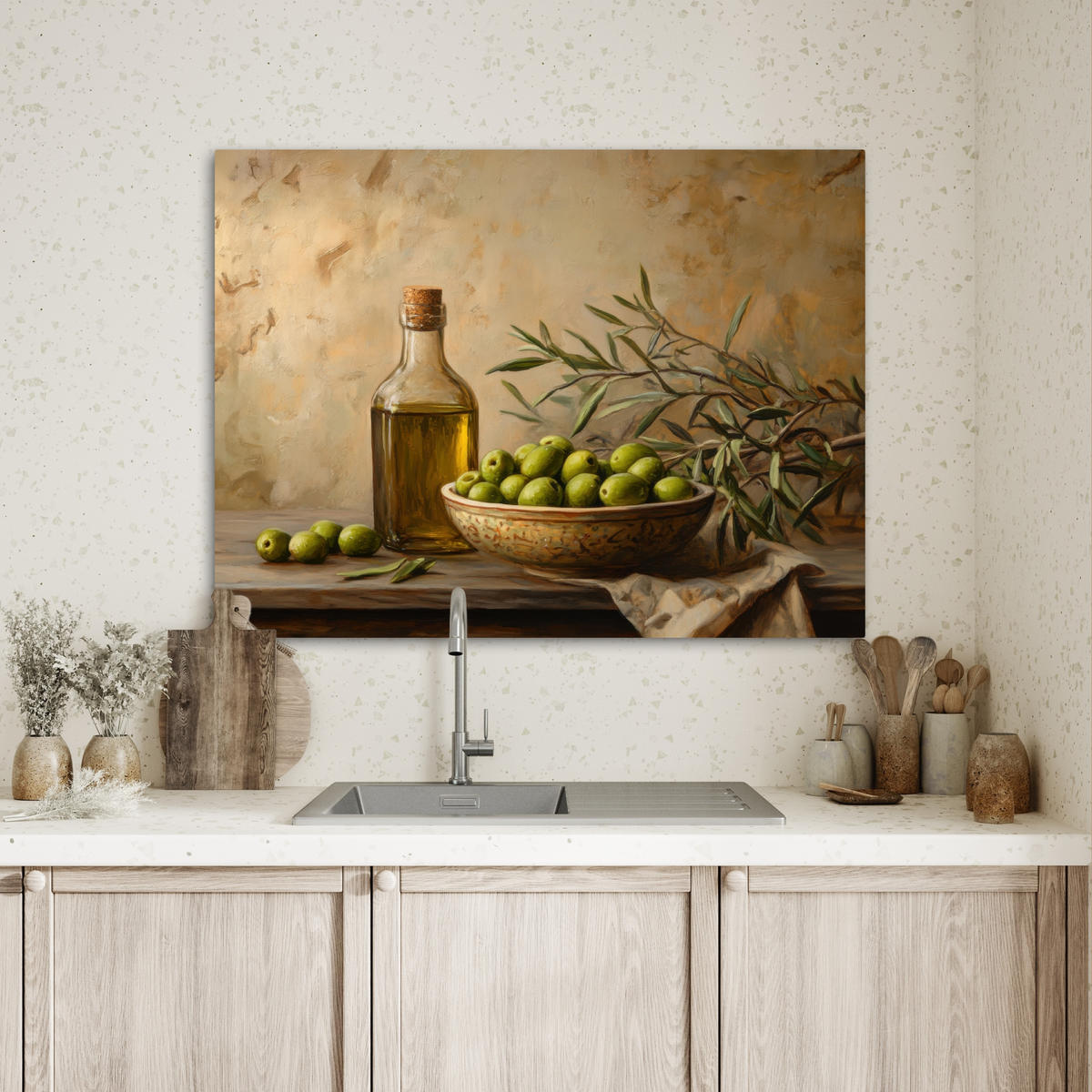 LEINWANDBILD Oliven - Stilleben - Vintage Wandbilder 80x60 cm - Olivgrün, Textil (80/60cm) - MuchoWow