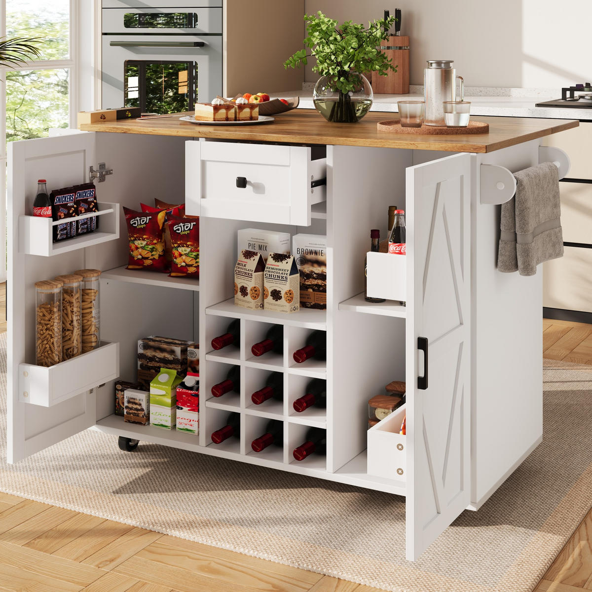 KÜCHENINSEL 137,5/40/95,6 cm weiß mit Klapptisch mit Snackregalen - Weiß, Holzwerkstoff (137.5/95.6/65cm) - OKWISH