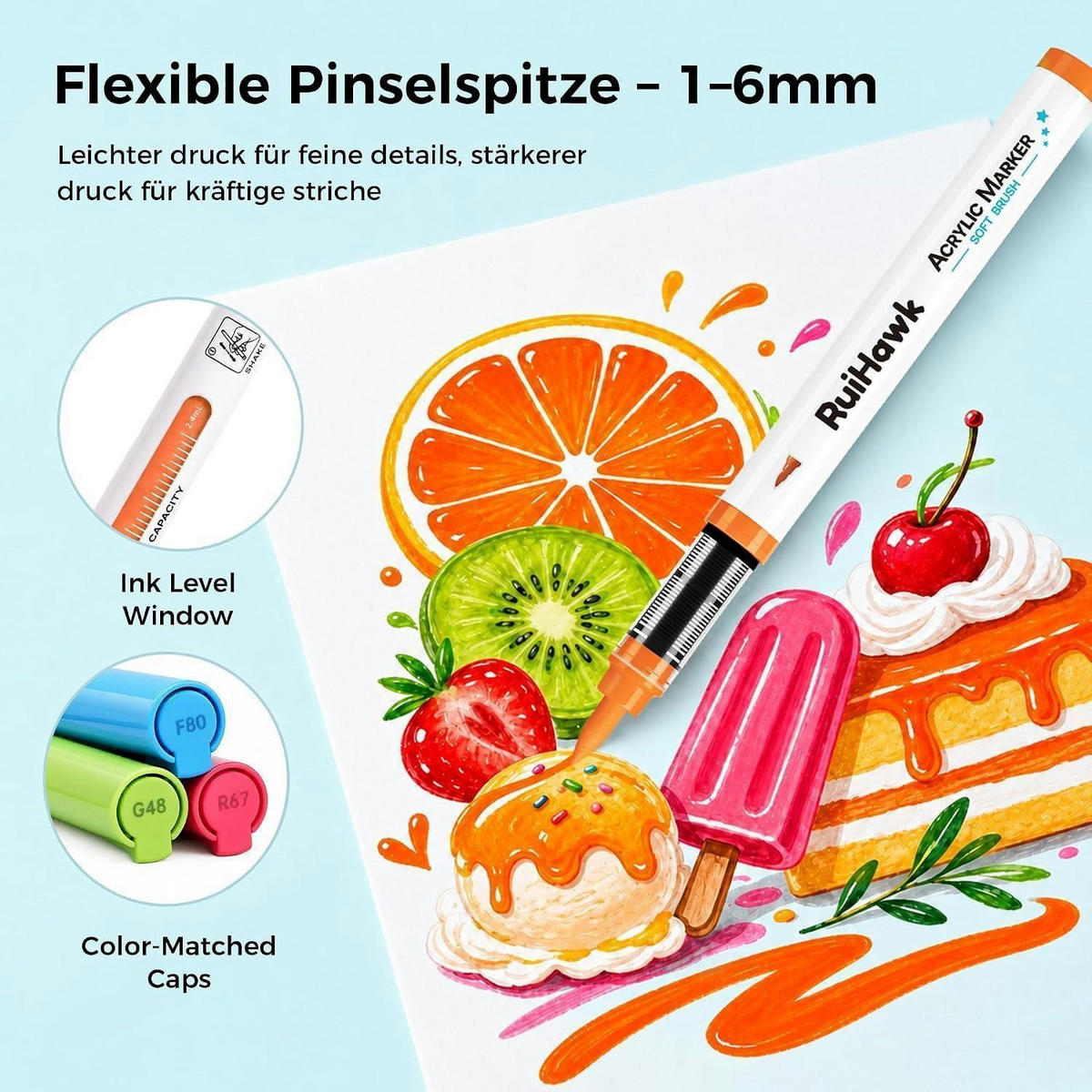 ACRYLSTIFTE 36er Set Macaron Pastell mit Pinselspitze wasserbasiert deckend für Glas Stein Holz Leinwand Stoff - Multicolor, Kunststoff (1/1/15cm)
