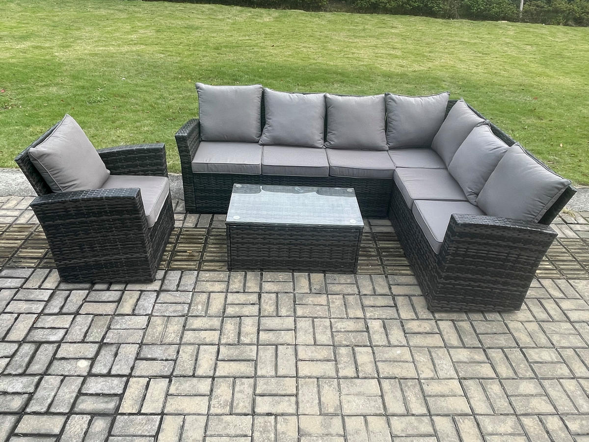 LOUNGEGARNITUR mit Couchtisch Sofa Polyrattan Dunkelgrau 7-Sitzer - Dunkelgrau/Grau, Glas/Kunststoff - Fimous