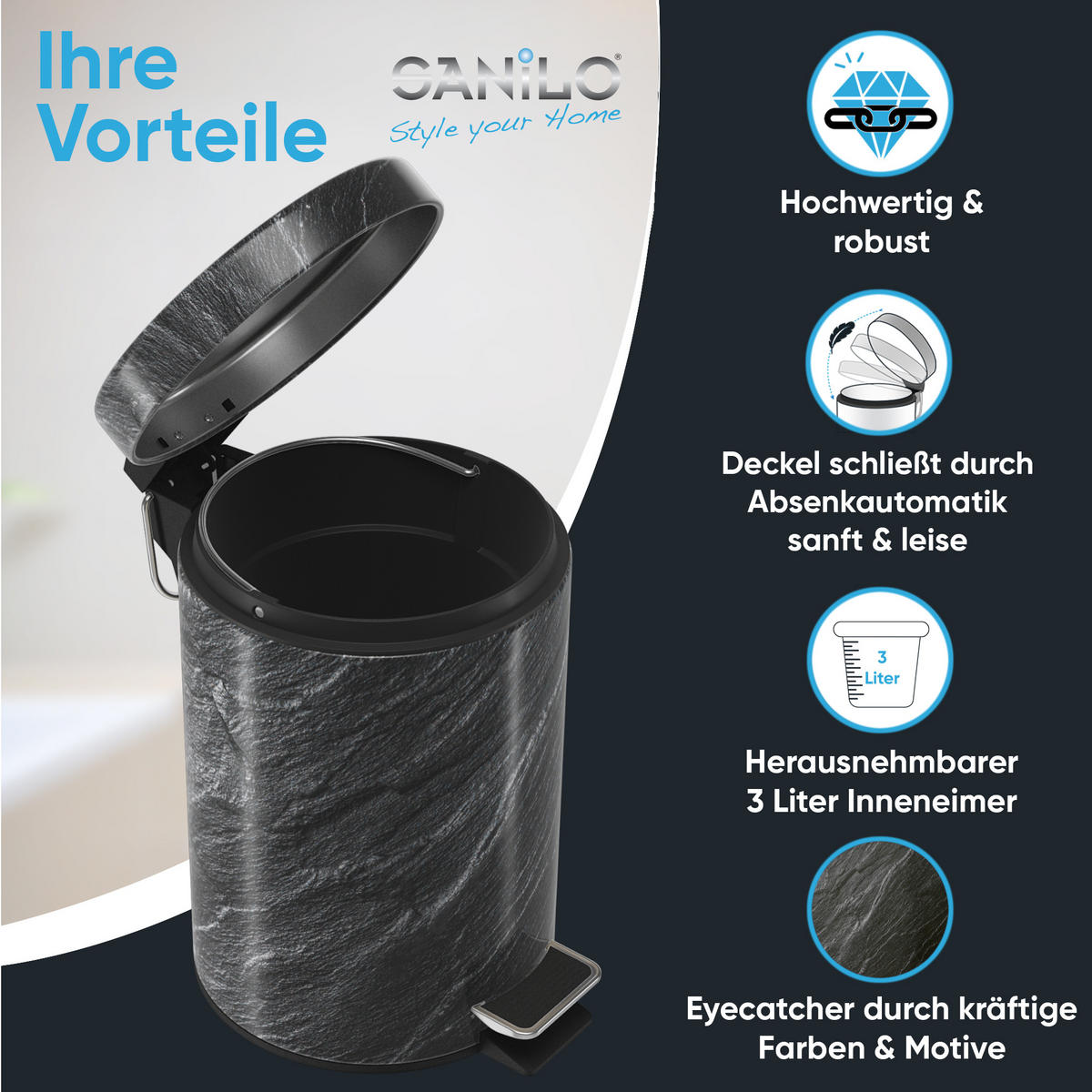 KOSMETIKEIMER Granit - Dunkelgrau/Schwarz, Kunststoff/Metall (17/25/25cm) - Sanilo