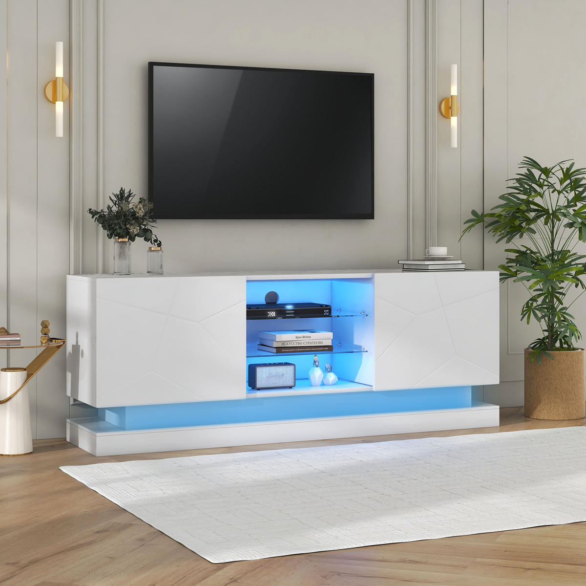 TV-LOWBOARD 160/38,5/60 cm in Weiß mit Glasablage und Kabelmanagement - Weiß, Holzwerkstoff (160/60/38.5cm) - Flora Grace