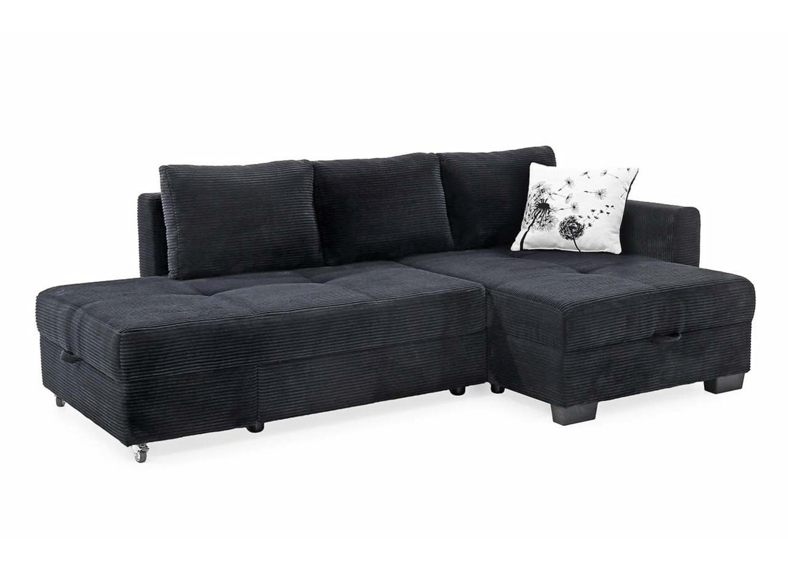 ECKSOFA Doppelbett mit Bettkasten, seitenverkehrt montierbar B247/T155/H87 cm, Liegefläche 183x207 cm, Cord Schwarz / 15216 - Schwarz, Kunststoff/Textil (247/155cm) - luma-home