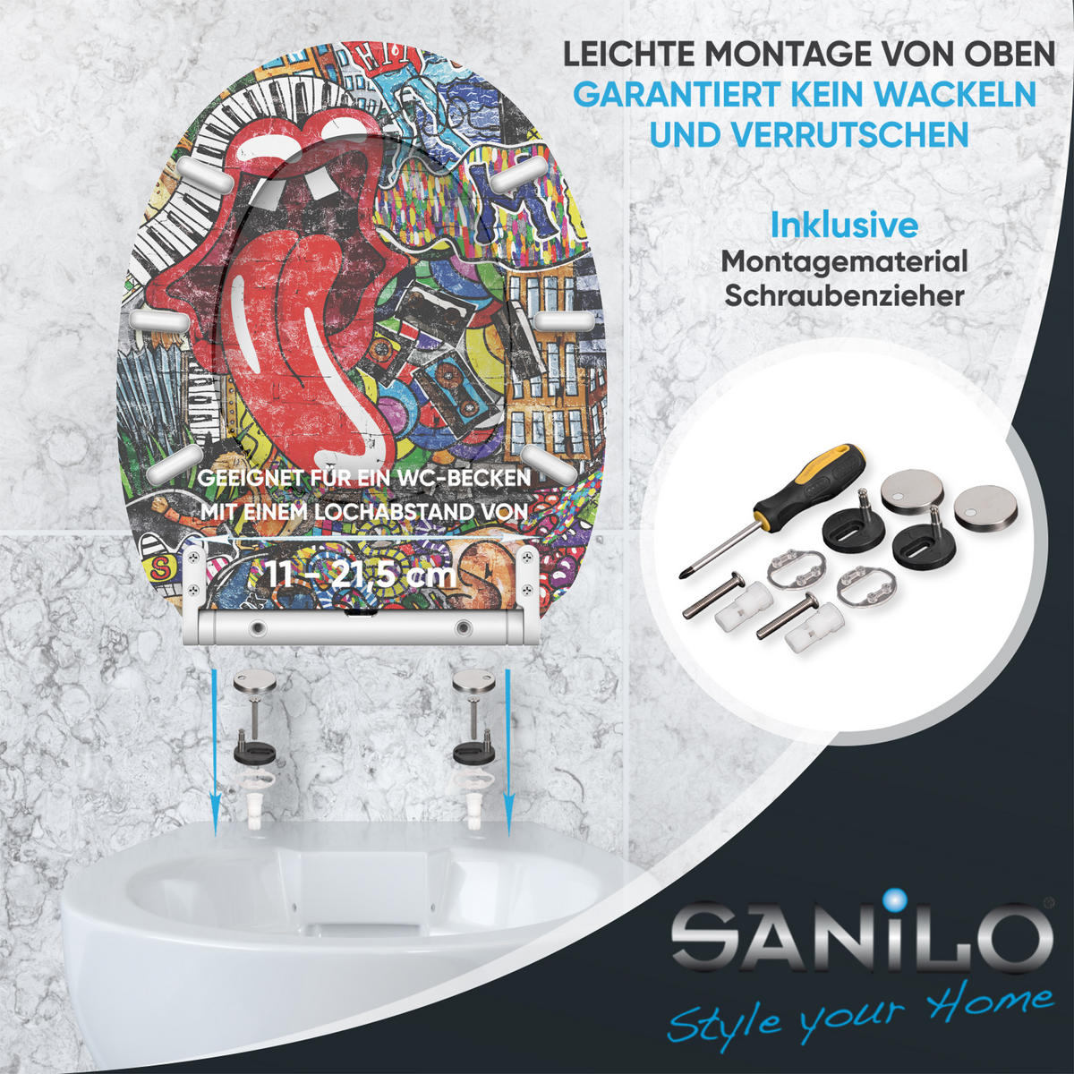 WC-SITZ mit Absenkautomatik & Top Fix Graffiti - Rot, Holzwerkstoff (37.7/5.5/48cm) - Sanilo