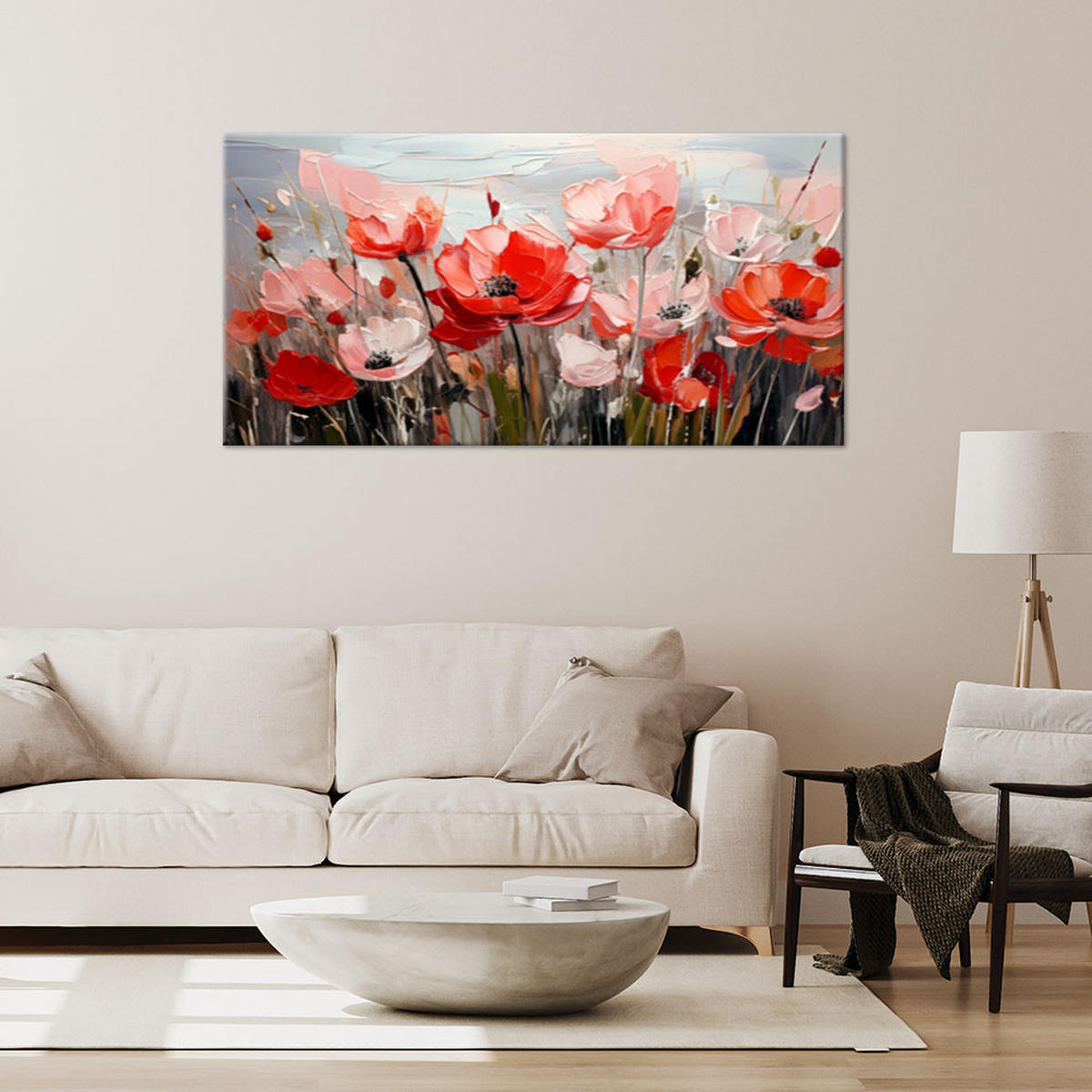 LEINWANDBILD Mohnfeld Blumen 80x40cm - Rosa, Textil (80/40cm) - Feeby