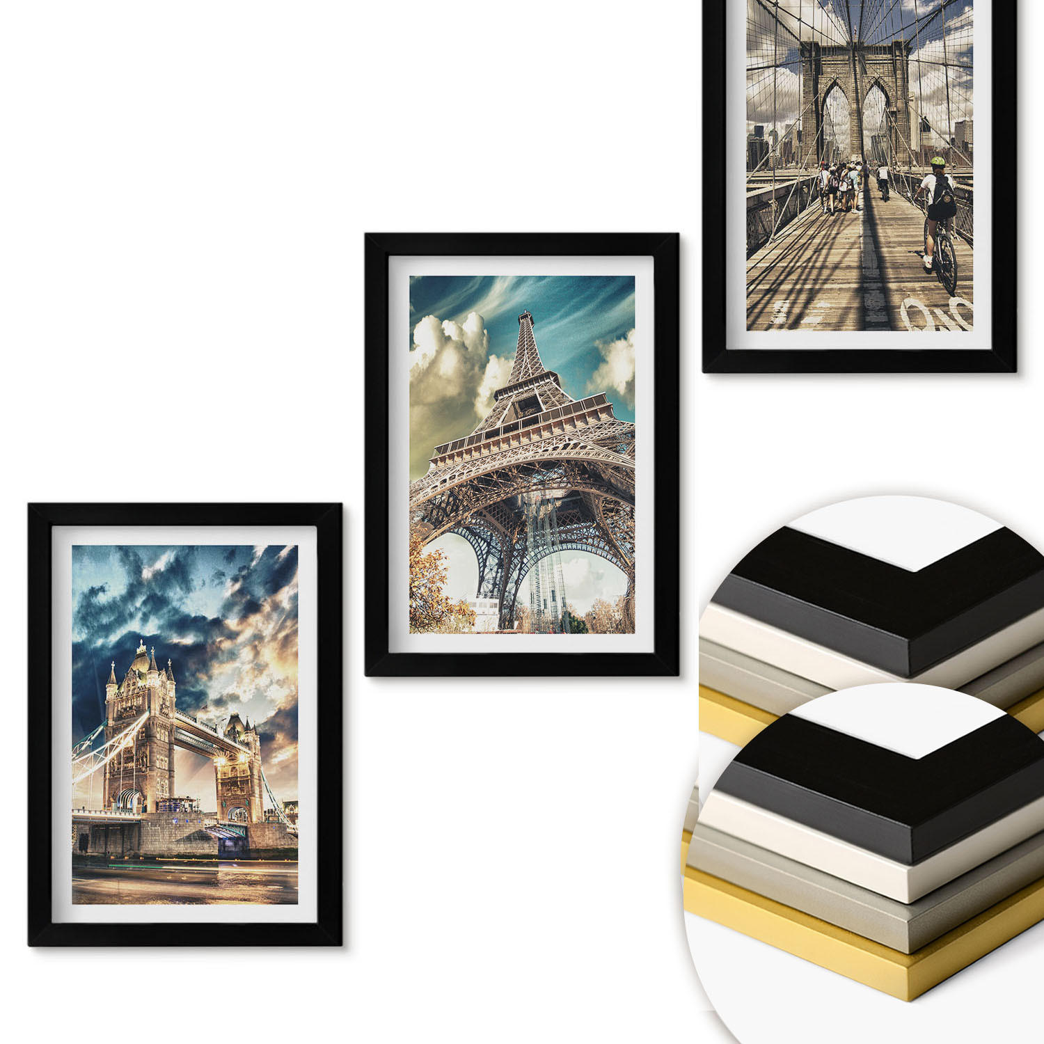 WANDBILDER 3er-Set - 20x30 cm Schwarzer Rahmen - Brücken, Türme, europäische Städte - Schwarz, Kunststoff (20/30cm) - ArtPrintCave