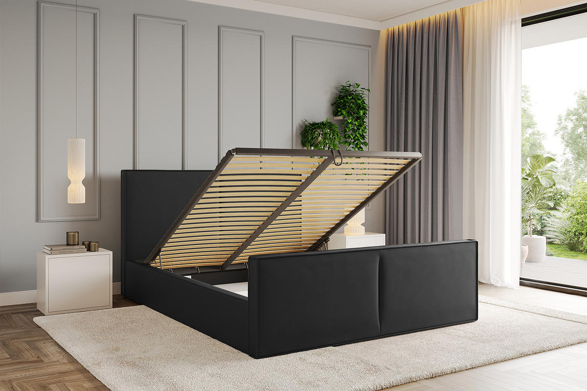 POLSTERBETT mit Bettkasten, Fußteil und Lattenrost, Boxbett mit Matratze H3/H4 - EMMI-Z 160x200 Schwarz Kunstleder - Schwarz Hochglanz, Holzwerkstoff/Textil (160/200cm) - ALTDECOR