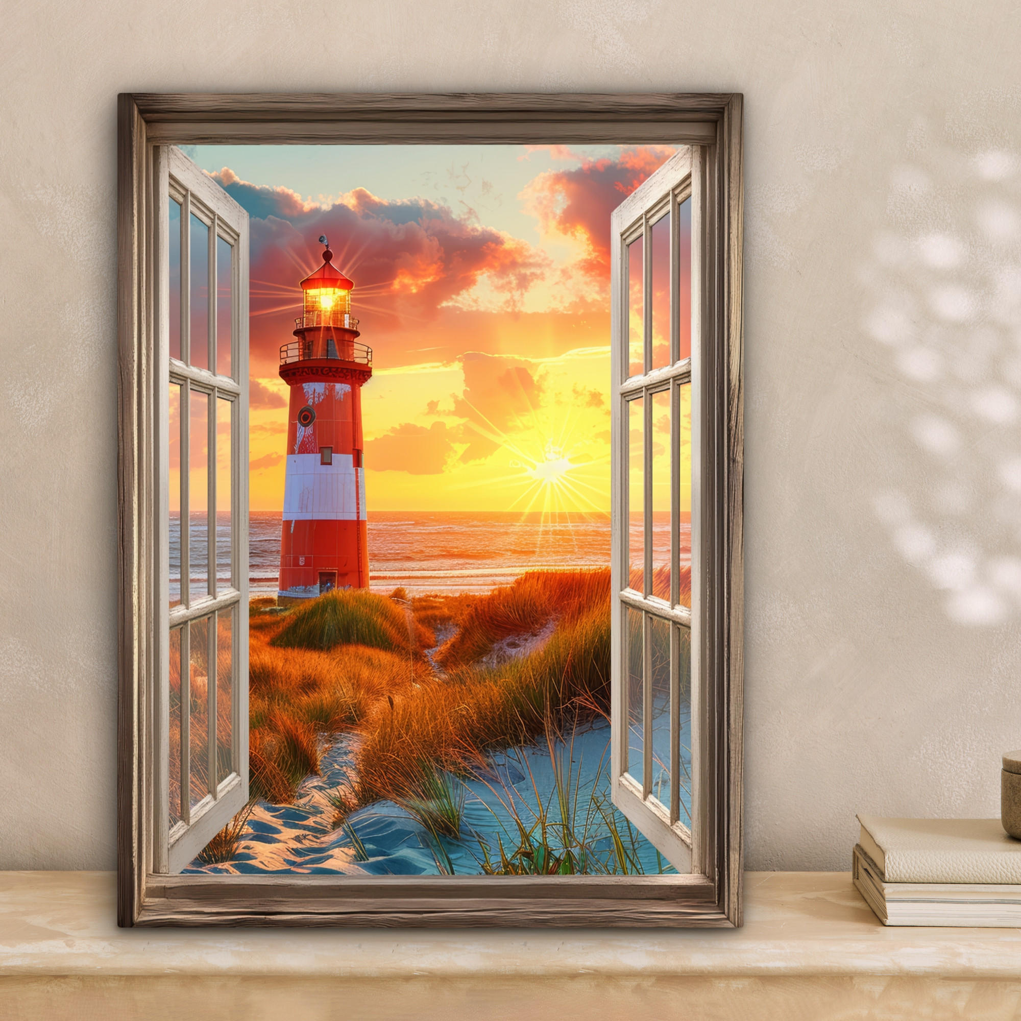 LEINWANDBILD Aussicht - Fenster - Leuchtturm - Sonnenuntergang - Strand 30x40 cm - Dunkelorange, Textil (30/40cm) - MuchoWow