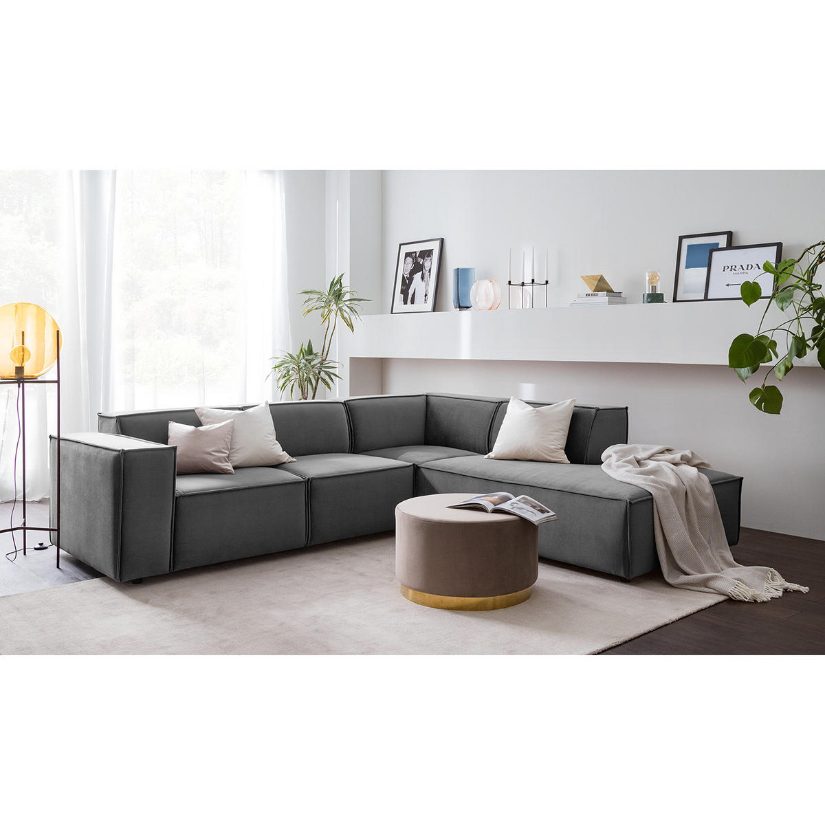 ECKSOFA mit Ottomane - Schwarz/Grau, Kunststoff/Textil (260/234cm) - home24
