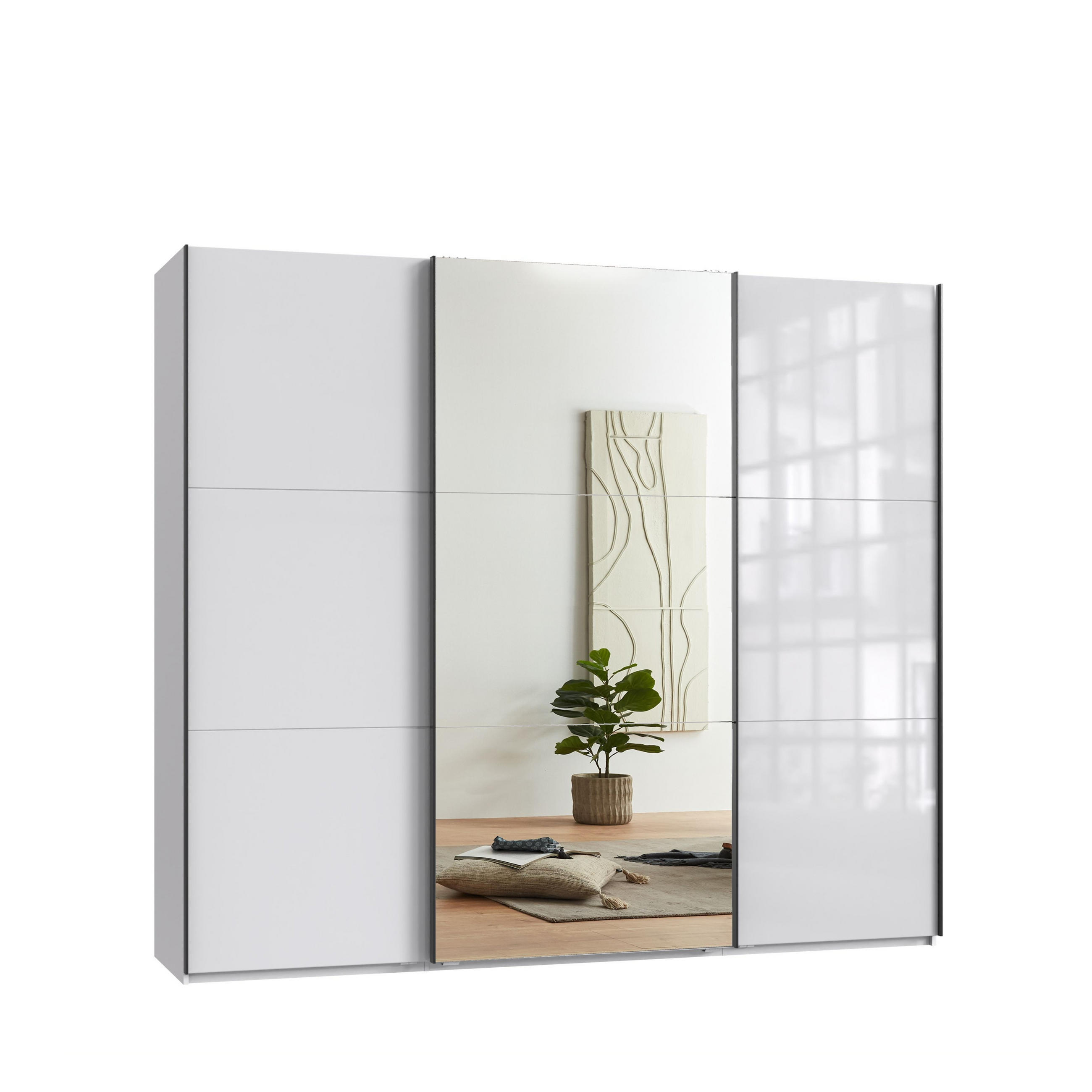 SKŘÍŇ S POSUVNÝMI DVEŘMI, 3dveřová, 250 × 216 × 65 cm (Š×V×H), bílá barva se skleněnými čely, jedny zrcadlové dveře / 22033 - bílá/barva dubu, kov/kompozitní dřevo (250/216/65cm) - luma-home