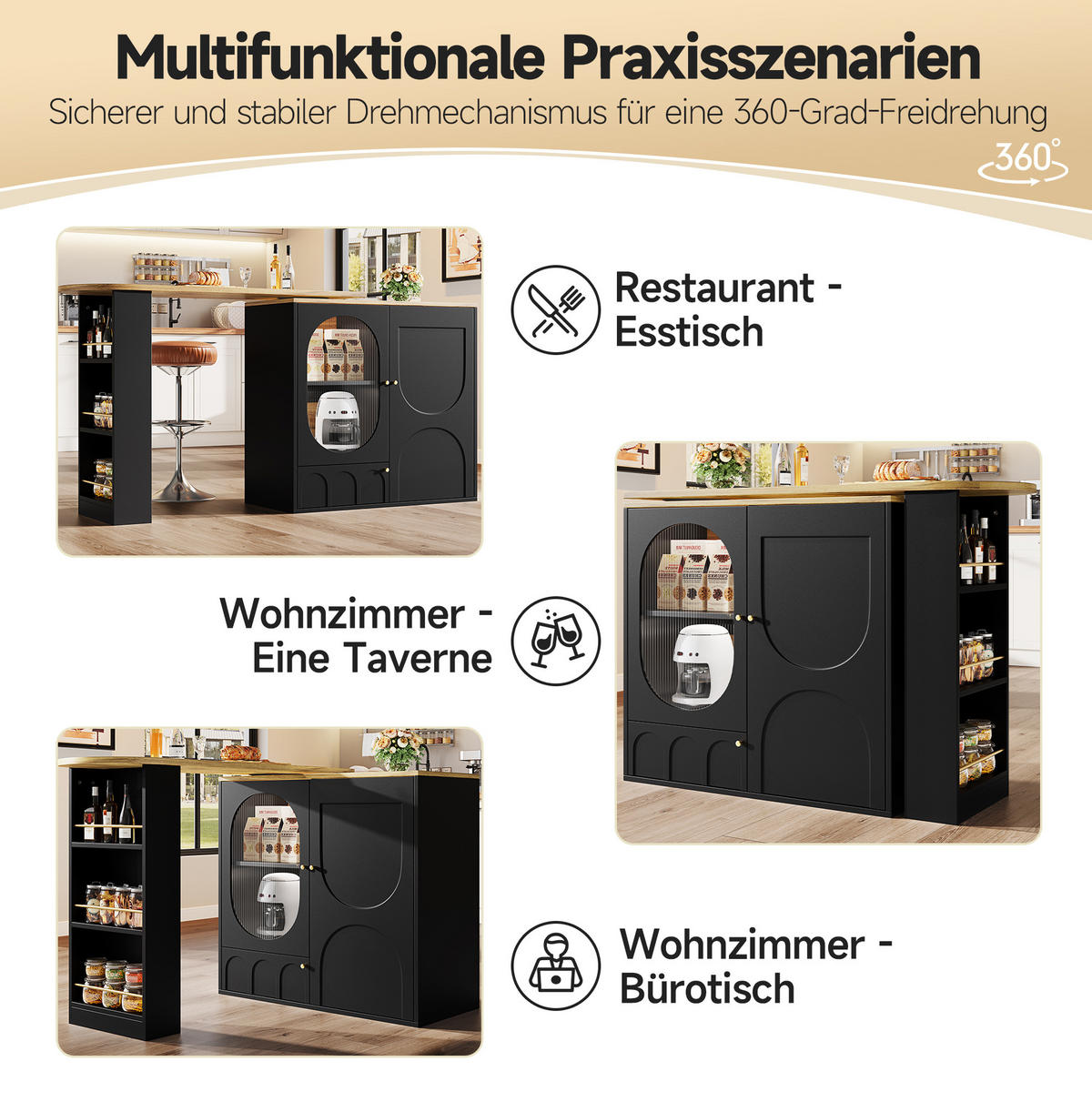 BARTISCH 138/39/105 cm mit drehbarer Erweiterung und Stauraum - Schwarz, Holzwerkstoff (138/39/105cm) - BEAOK
