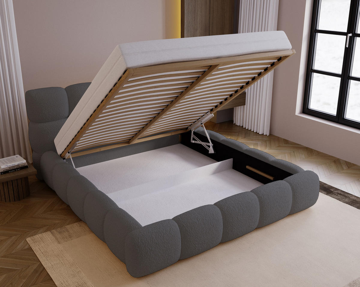 DOPPELBETT 200x200 Lucca mit Bettkasten, Stoff Bouclé, Grau - Grau, Holz/Textil (200/200cm) - Emporius