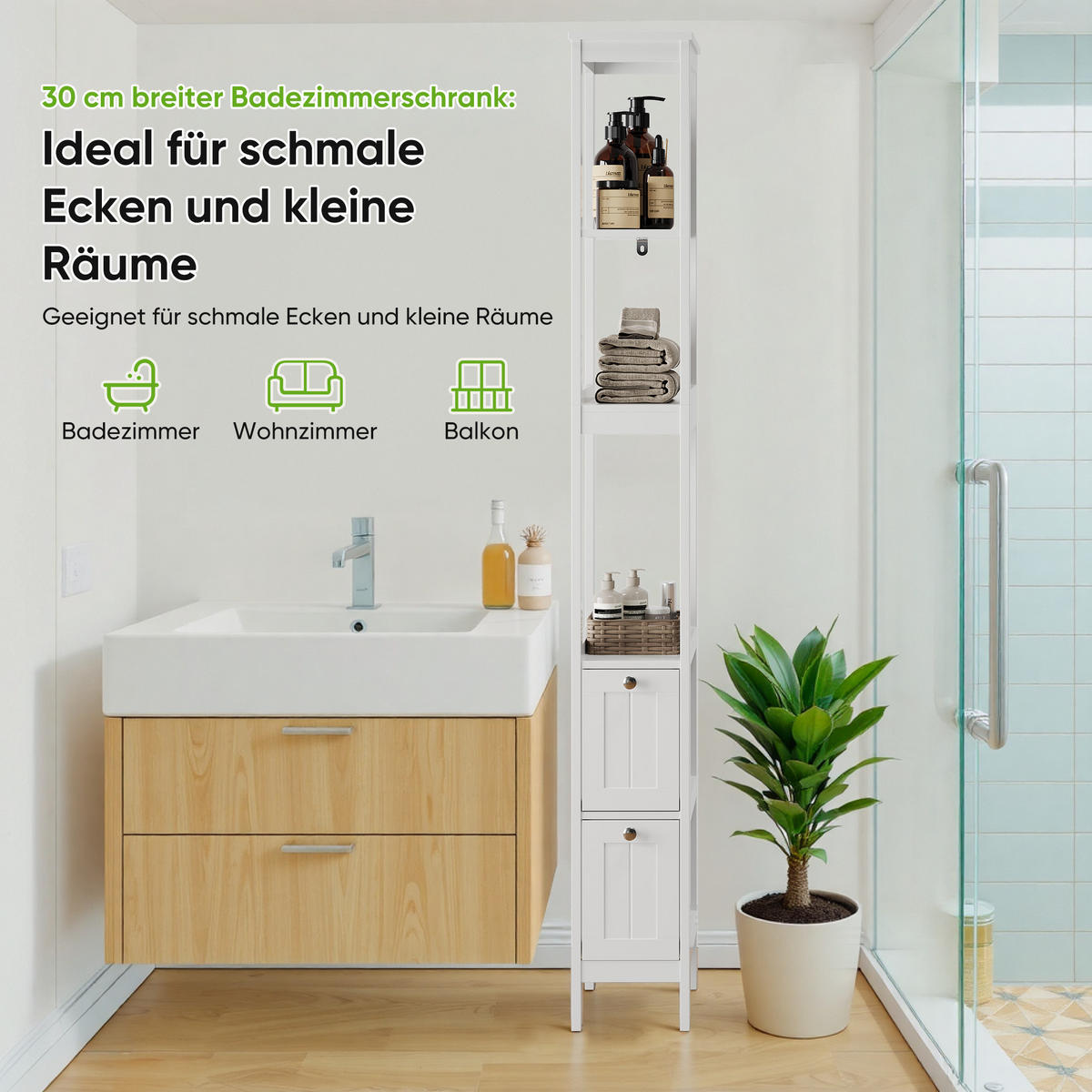 HOCHSCHRANK mit 2 Schubladen und 3 offenen Fächern, 20/30/160 cm, Weiß - Weiß, Holzwerkstoff (20/160/30cm) - Redom