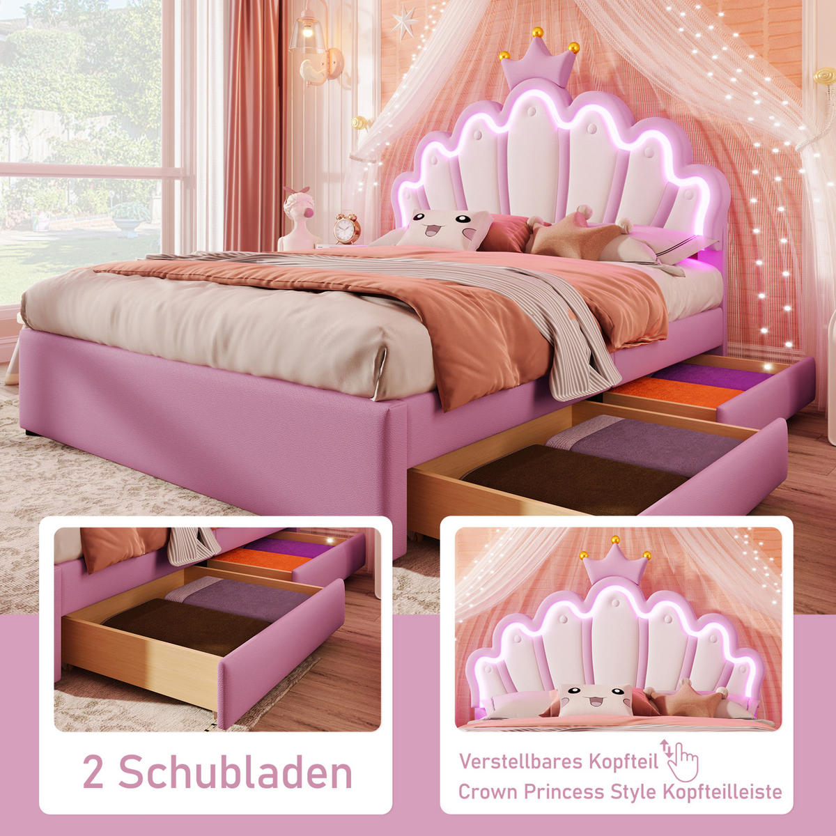 POLSTERBETT 140/200 cm in Rosa mit LED-Beleuchtung und 2 Schubladen - Rosa, Kunststoff (140/200cm) - BEAOK