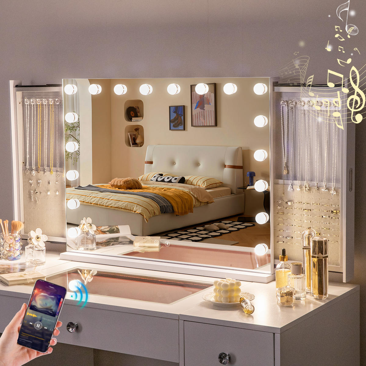 SCHMINKSPIEGEL mit LED-Beleuchtung integrierter Schmuckbox und Bluetooth weiß 80/60 cm - Weiß, Metall (80/60/10cm) - VANITII