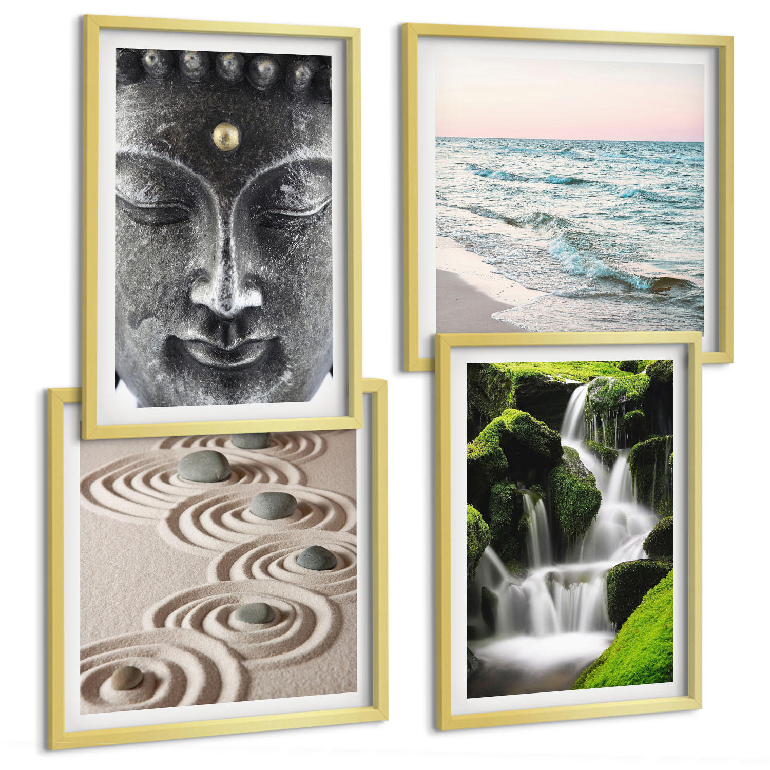 BILDER SET 4er Set - 50x50 cm & 40x60 cm Goldrahmen - Der Frieden der Natur mit Buddha - Goldfarben, Kunststoff (50/50cm) - TULUP