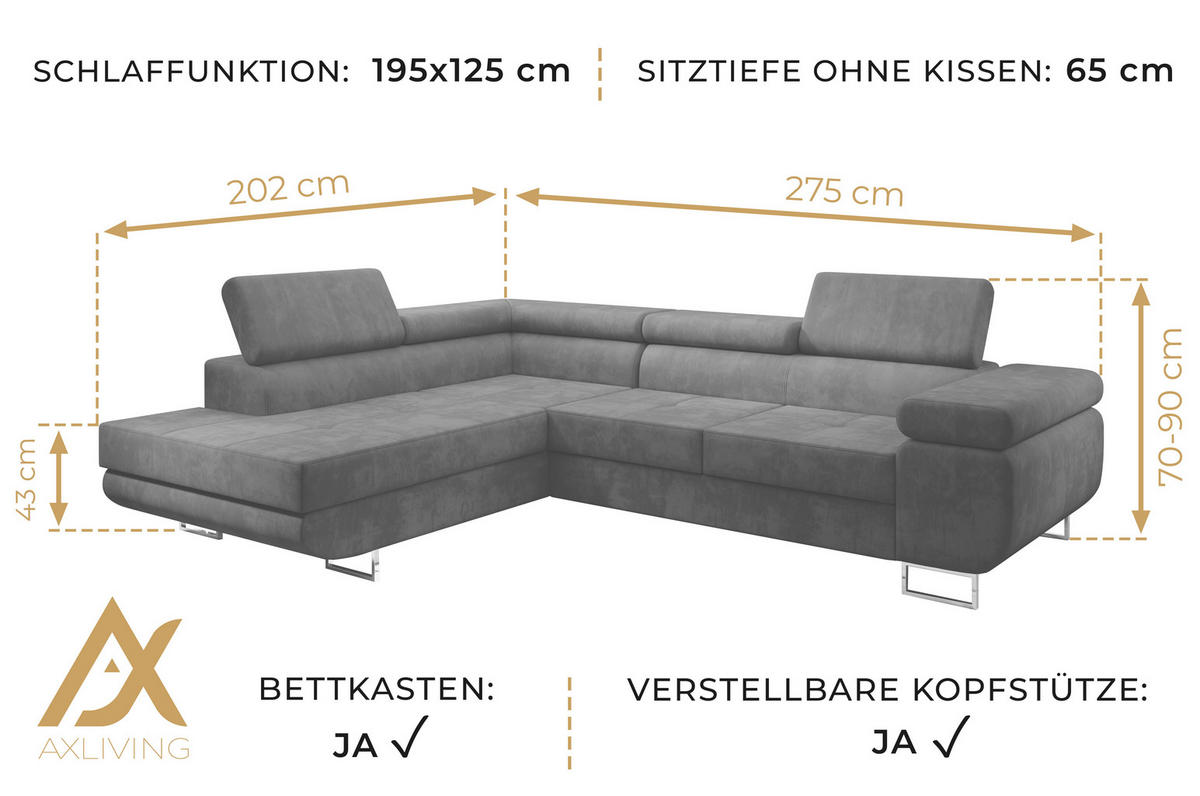 ECKSOFA L Form Kanya Hellgrau 275/202/90 cm – Sofa mit Bettfunktion & Stauraum R - Silberfarben/Grau, Textil/Metall (275/202cm) - AX Living