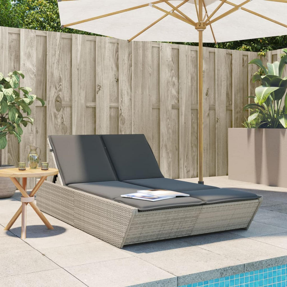 DOPPEL-SONNENLIEGE Mit Kissen Hellgrau Poly Rattan - Dunkelgrau, Kunststoff (200/83/118cm) - vidaXL