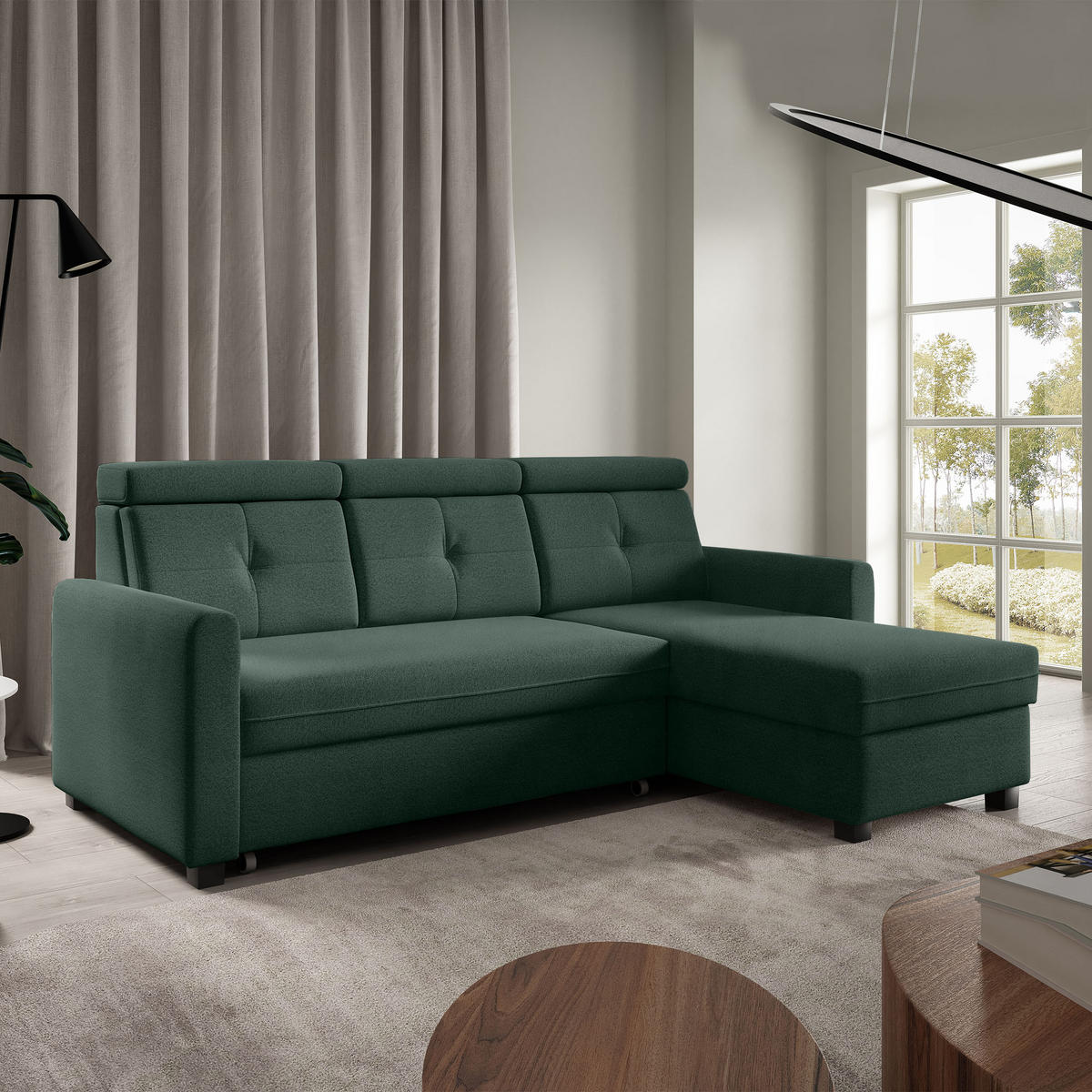 ECKSCHLAFSOFA Milano, Dunkelgrün, rechts - Dunkelgrün/Schwarz, Textil (217/166cm) - Beautysofa